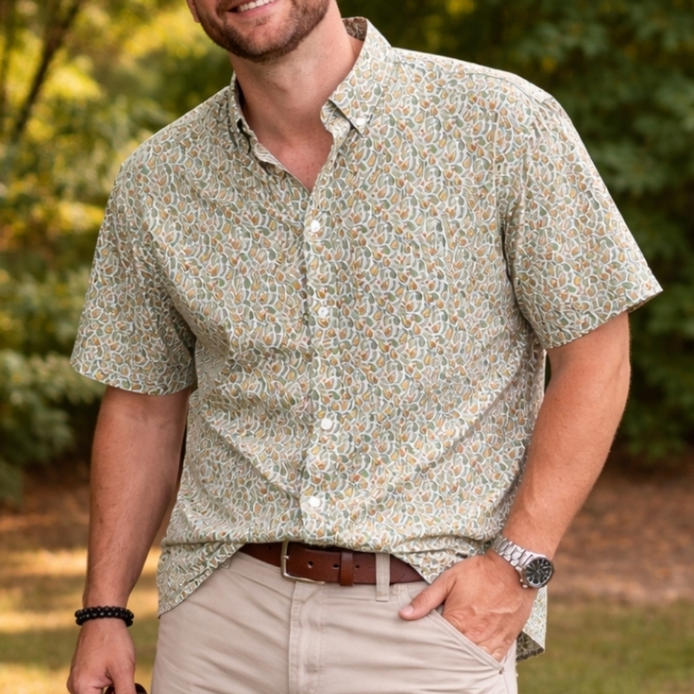Johnston & Murphy Avocado Print Button Down Shirt XXXL 3XL Short Sleeve Cotton